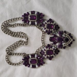 Silver Tone Purple Acrylic Cabochon Statement Necklace